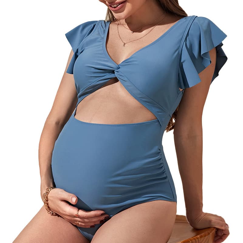 Maiô feminino de uma peça, cor sólida, solto, manga curta e que cobre a barriga. 4