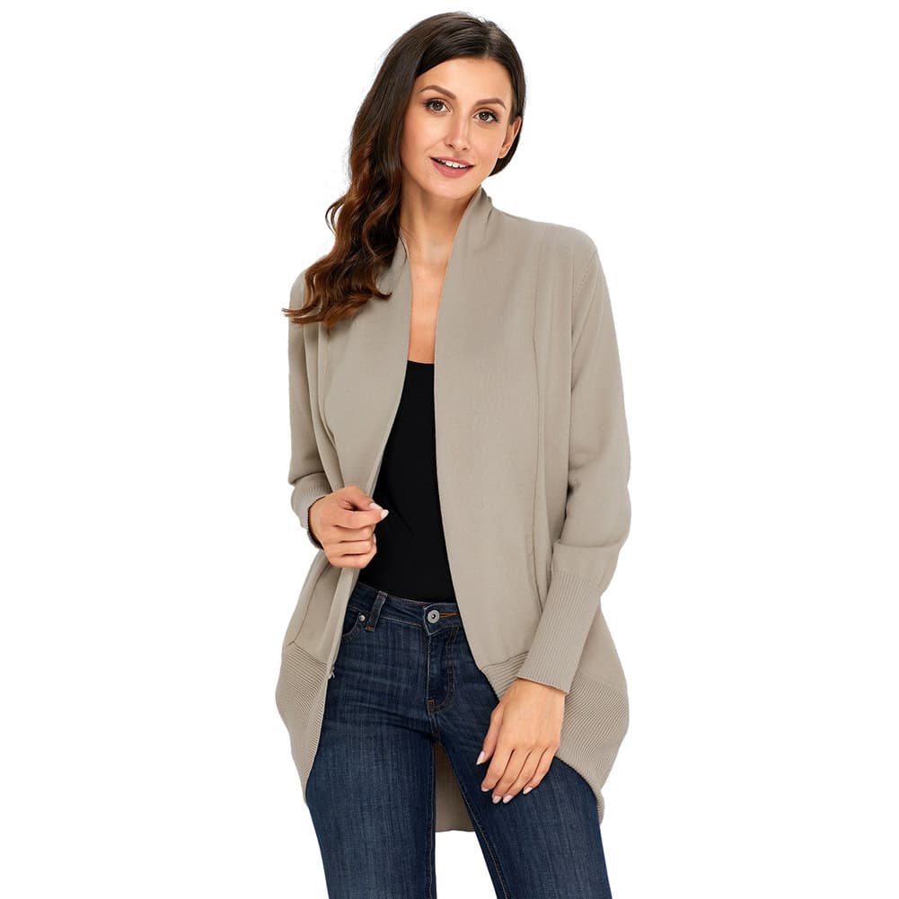 Cardigã feminino de cor sólida, em imitação de algodão, comprimento médio e mangas compridas. 4
