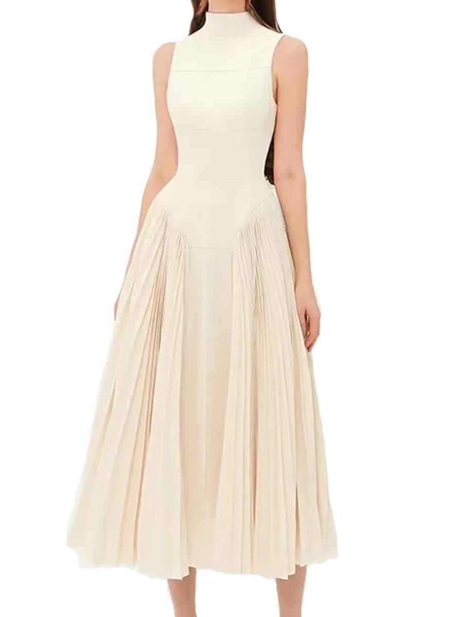 Vestido elegante de outono com gola alta, estilo ligeiramente maduro, com pregas e patchwork que afinam a cintura. 2