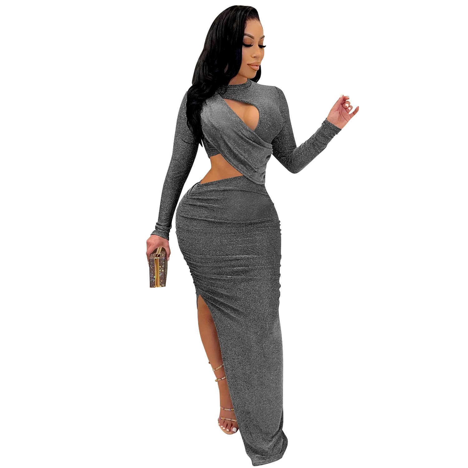 Vestido feminino de manga comprida com fenda vazada 6