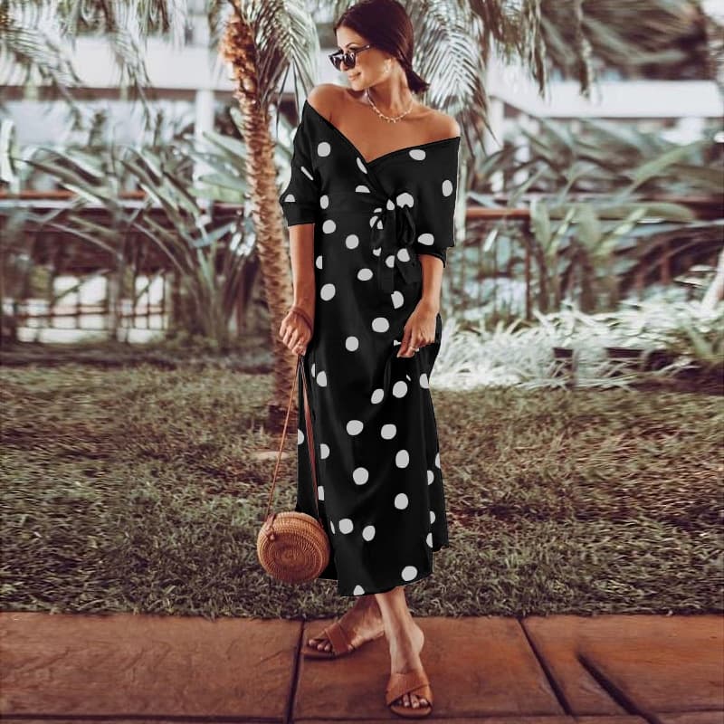 Vestido Longo De Manga Comprida Com Estampa De Bolinhas, Dec