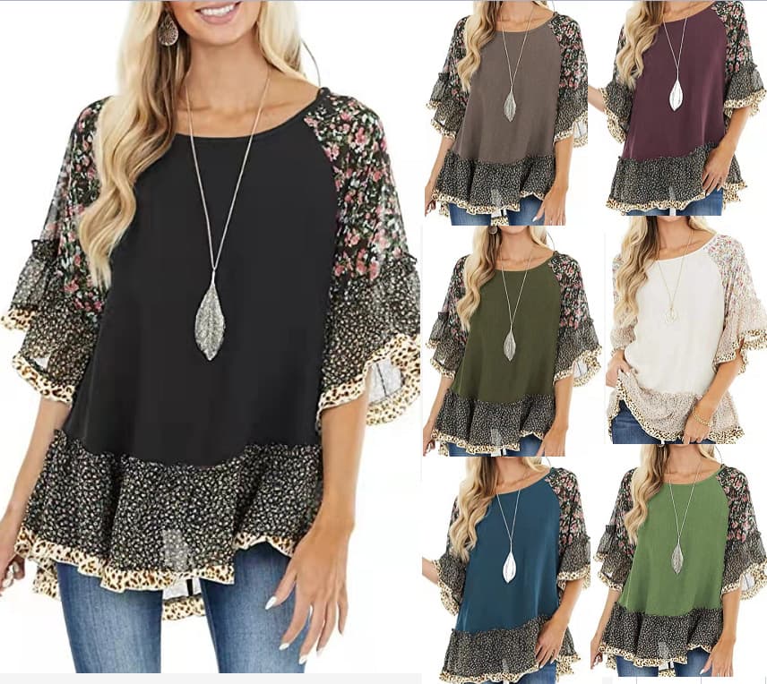 Camiseta Feminina Com Mangas Bufantes E Estampa Floral De Leopardo Em Blocos De Cores. 8