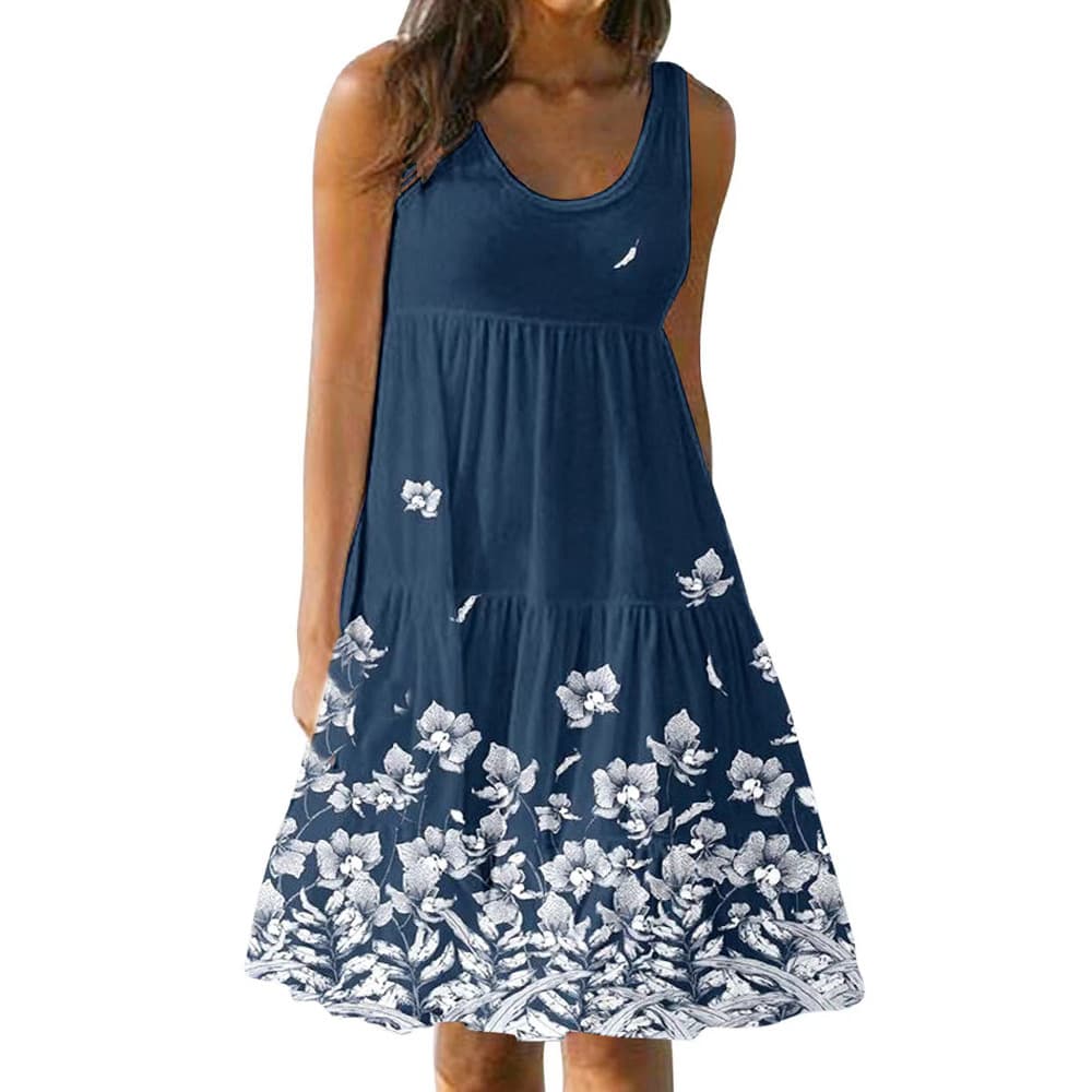 Vestido feminino com estampa floral, gola redonda, sem mangas, modelagem solta, ideal para festas e praia. 5