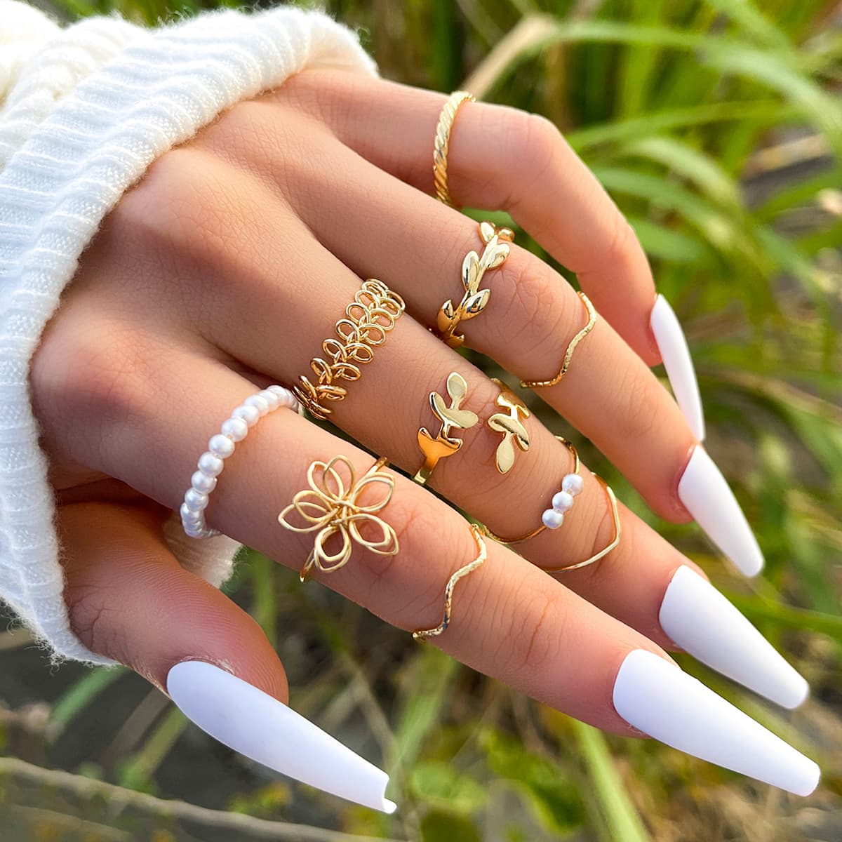 Openwork Flower Conjunto Anel Simple Glossy