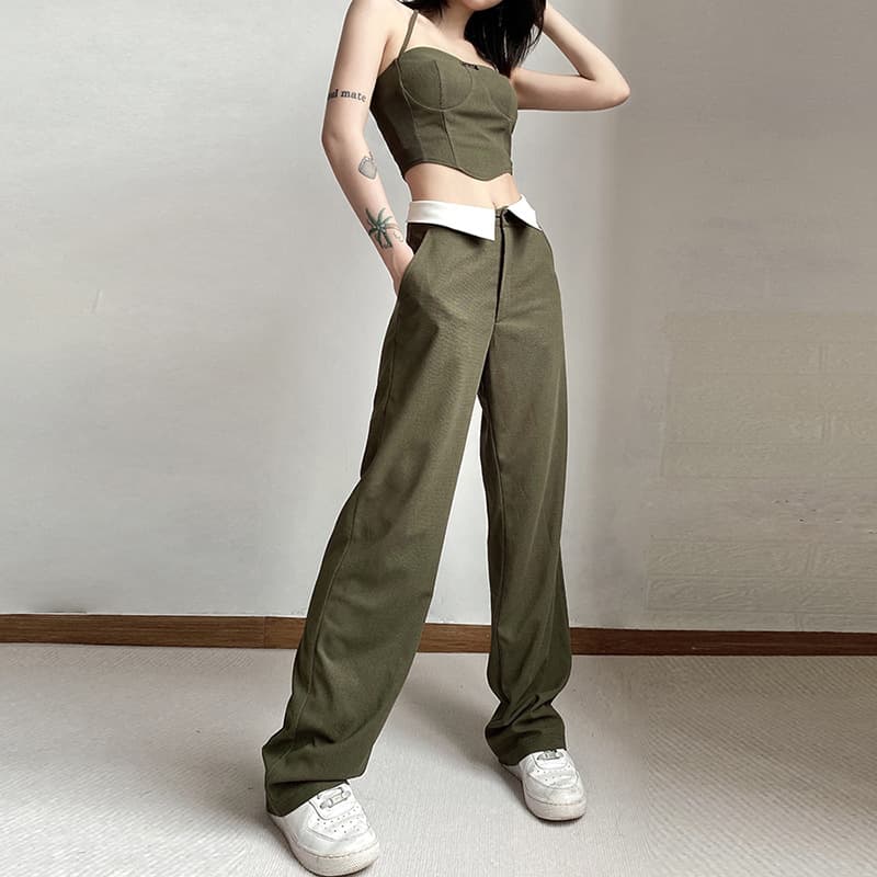 Conjunto feminino de cor sólida, com colete slim, calça pantalona de cintura alta e modelagem ampla. 3