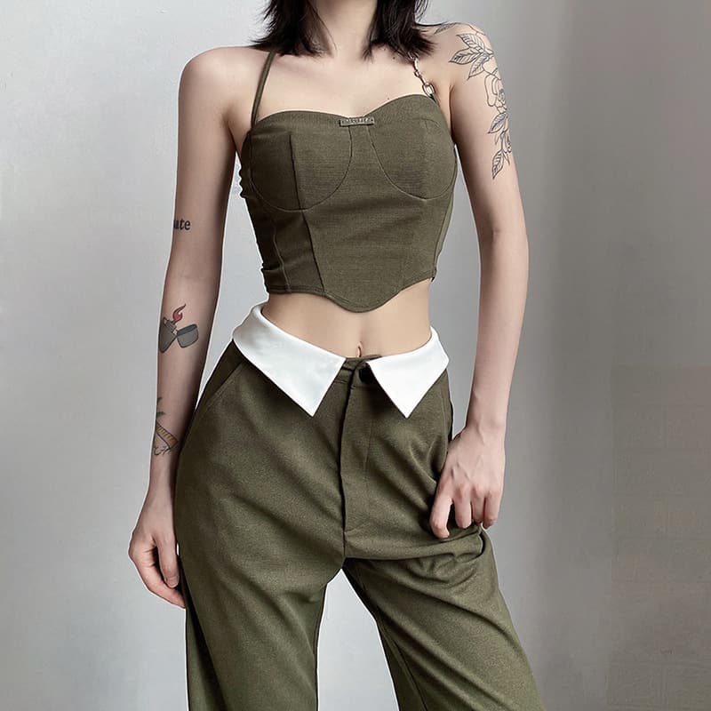 Conjunto feminino de cor sólida, com colete slim, calça pantalona de cintura alta e modelagem ampla. 2