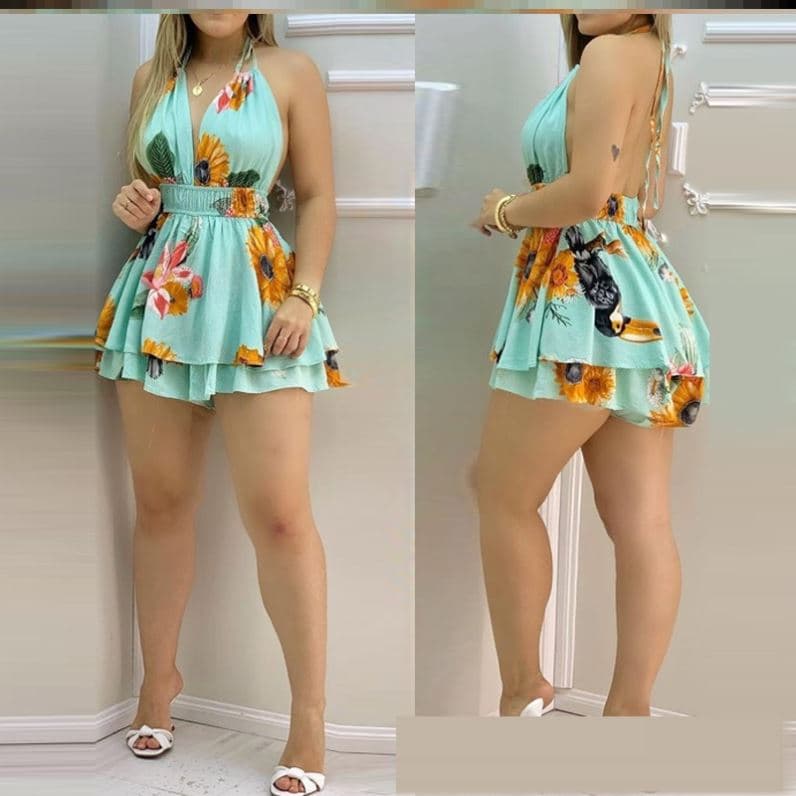 Macacão feminino azul estampado com suspensórios