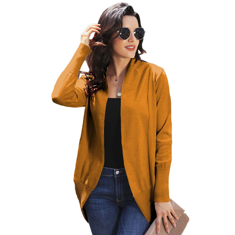 Cardigã feminino de cor sólida, em imitação de algodão, comprimento médio e mangas compridas.