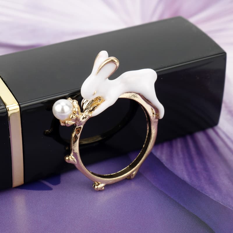 Pulseira feminina com coelho pintado a óleo com pérolas japonesas 5