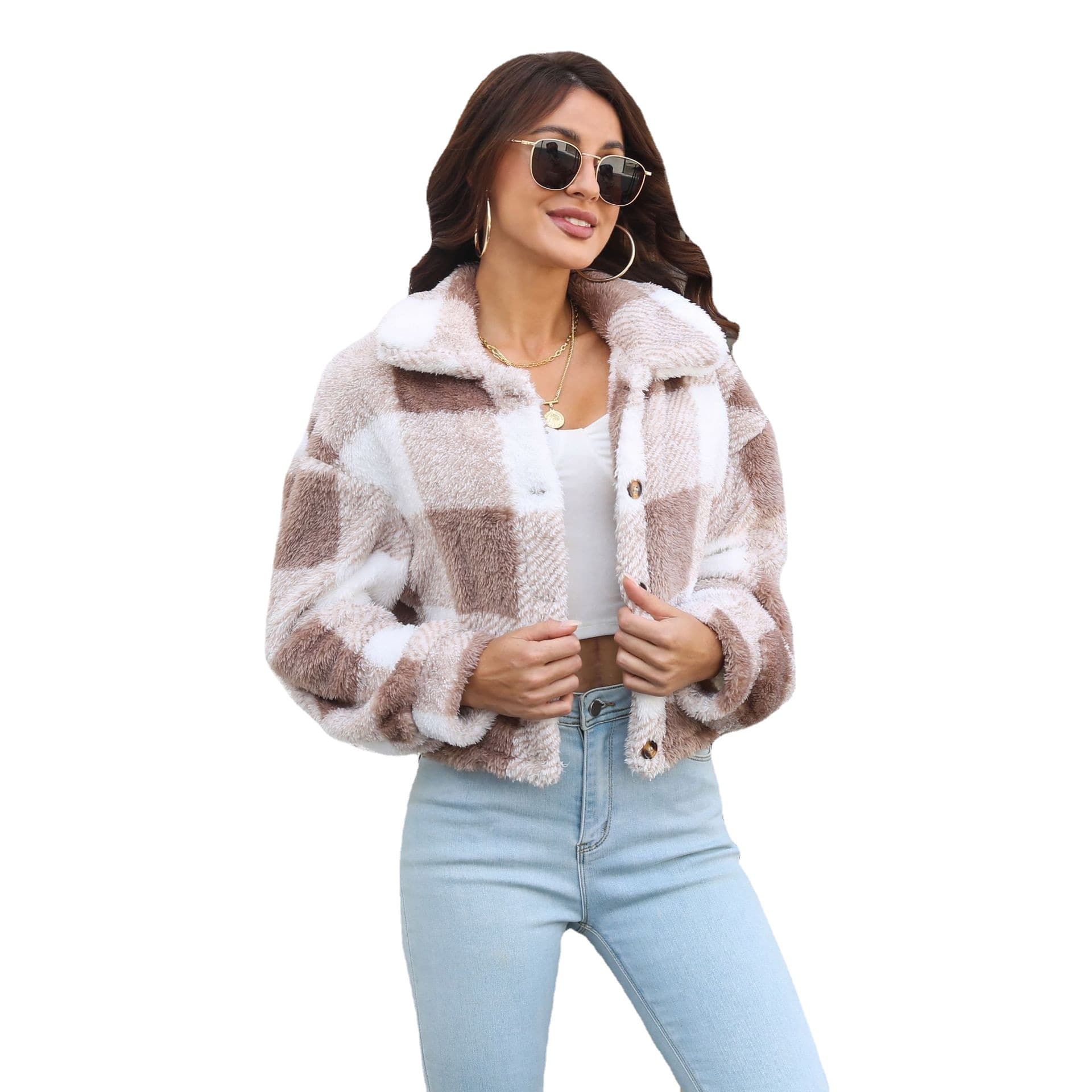 Jaqueta feminina xadrez de veludo dupla face com mangas bufantes, modelo curto e solto, ideal para outono e inverno. 2