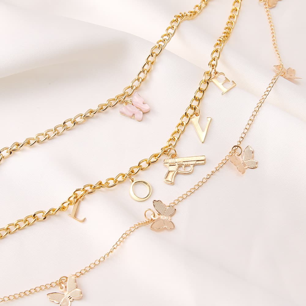 Conjunto de colar feminino com pingente de borboleta em várias camadas. 6
