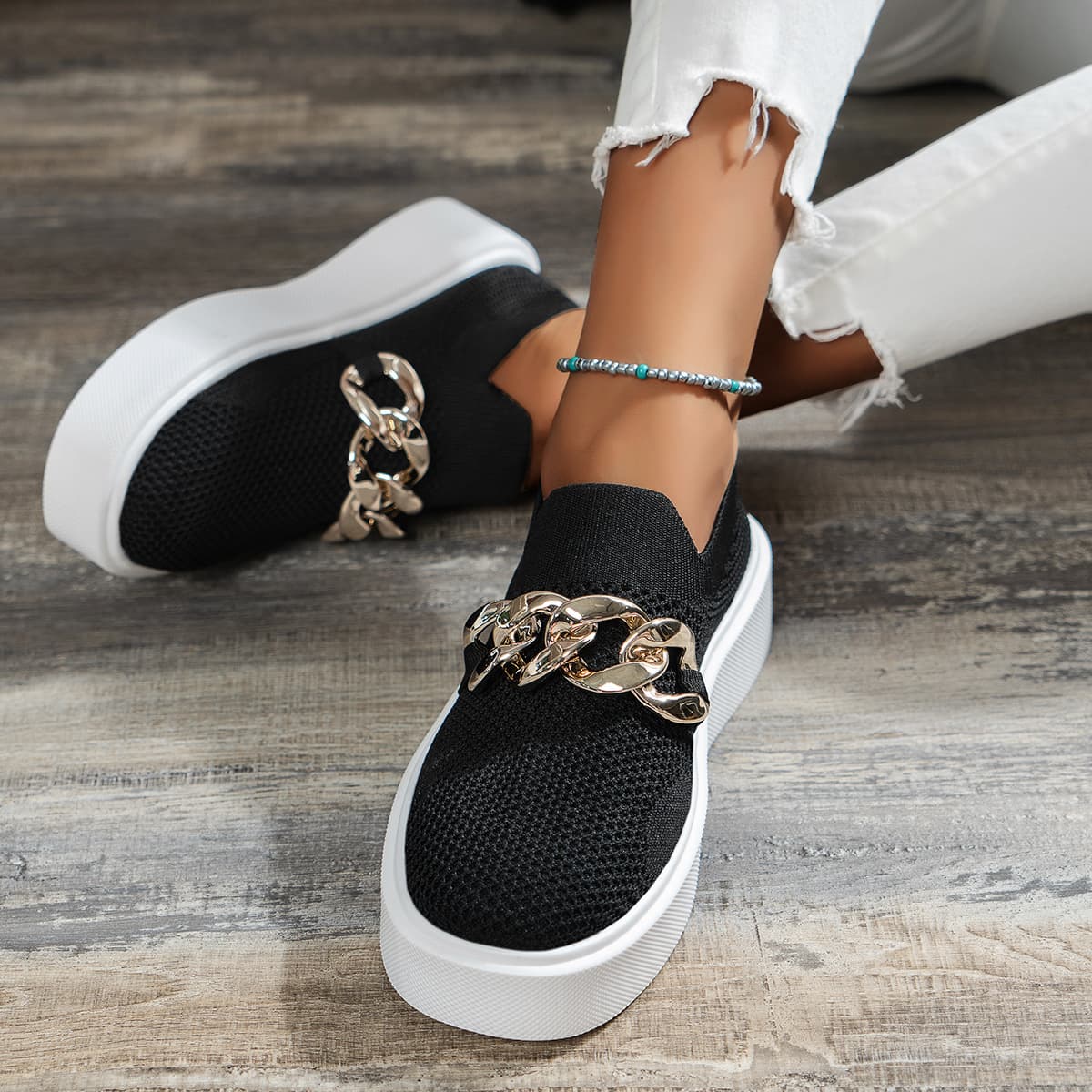Chain Flats Sapatos Feminino Breathable Mesh Sapatos