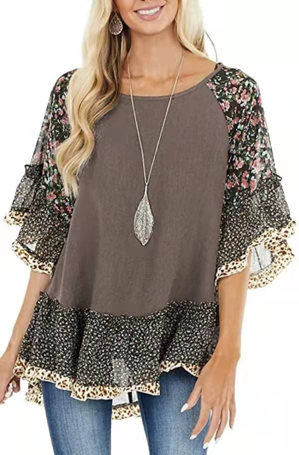 Camiseta Feminina Com Mangas Bufantes E Estampa Floral De Leopardo Em Blocos De Cores. 2