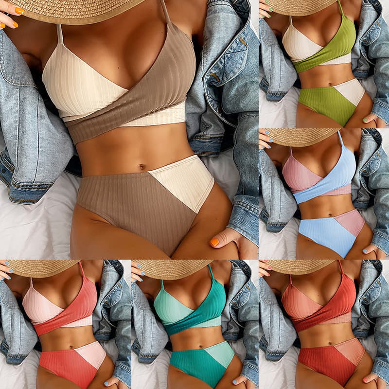Biquíni patchwork, maiô canelado feminino com nó nas costas, biquíni franzido no bumbum. 5