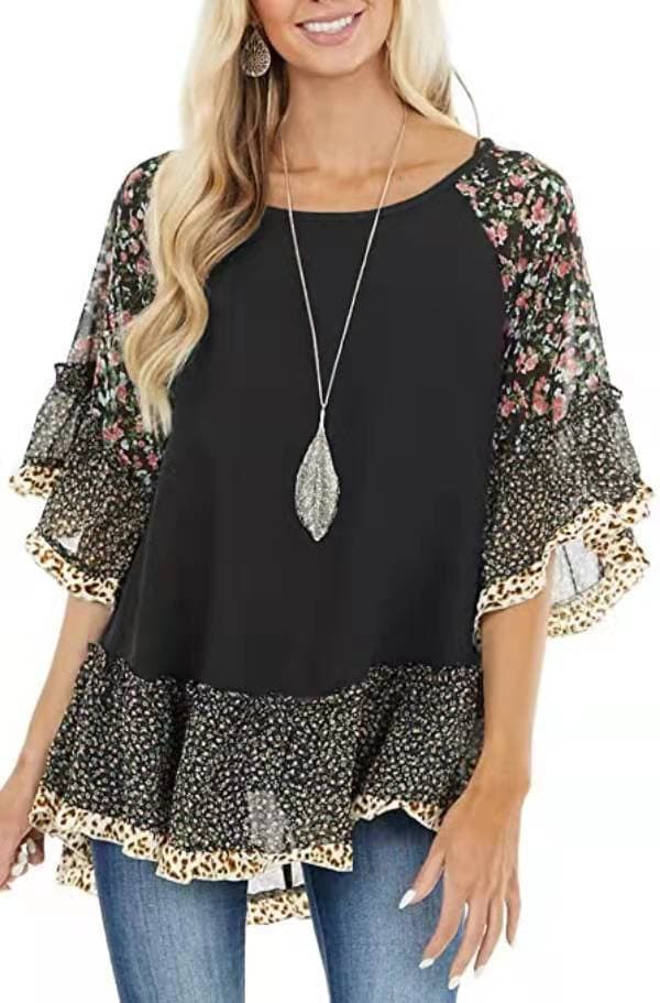 Camiseta Feminina Com Mangas Bufantes E Estampa Floral De Leopardo Em Blocos De Cores. 4