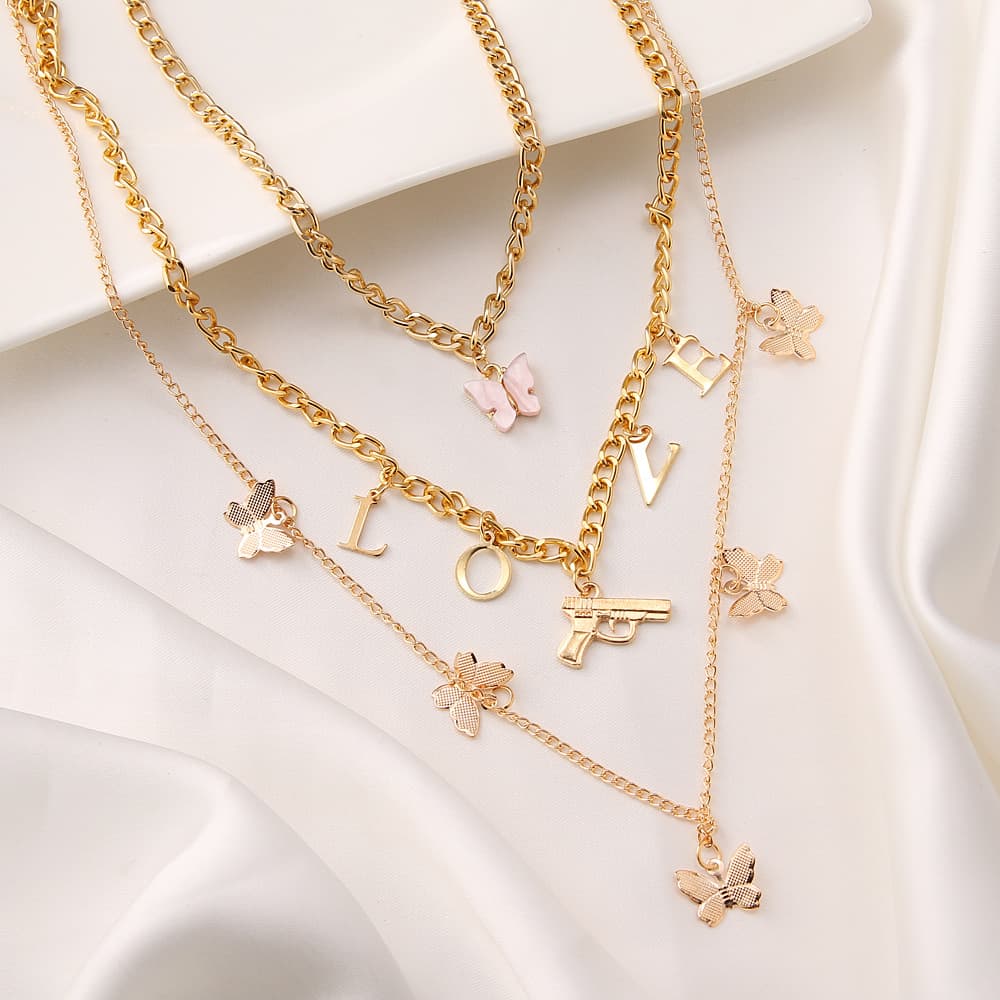 Conjunto de colar feminino com pingente de borboleta em várias camadas. 3
