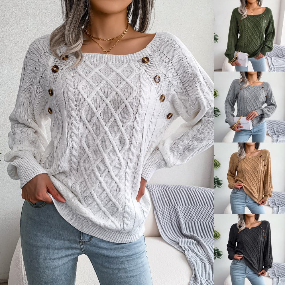 Square Neck Knitted SuéTer With Button Design Inverno Warm Longo Sleeve Tops Women'S Clothing