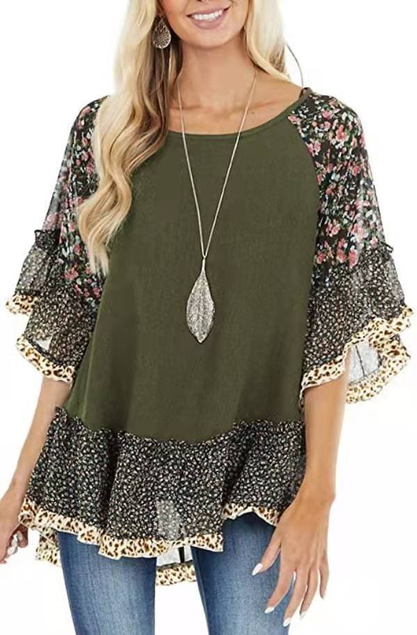 Camiseta Feminina Com Mangas Bufantes E Estampa Floral De Leopardo Em Blocos De Cores. 3