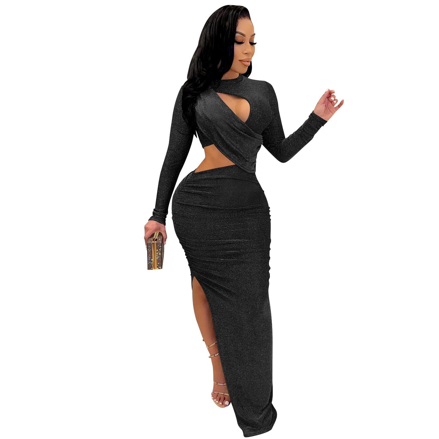 Vestido feminino de manga comprida com fenda vazada 7