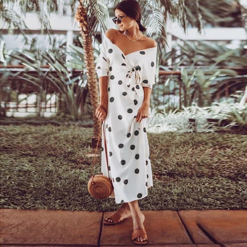 Vestido Longo De Manga Comprida Com Estampa De Bolinhas, Dec