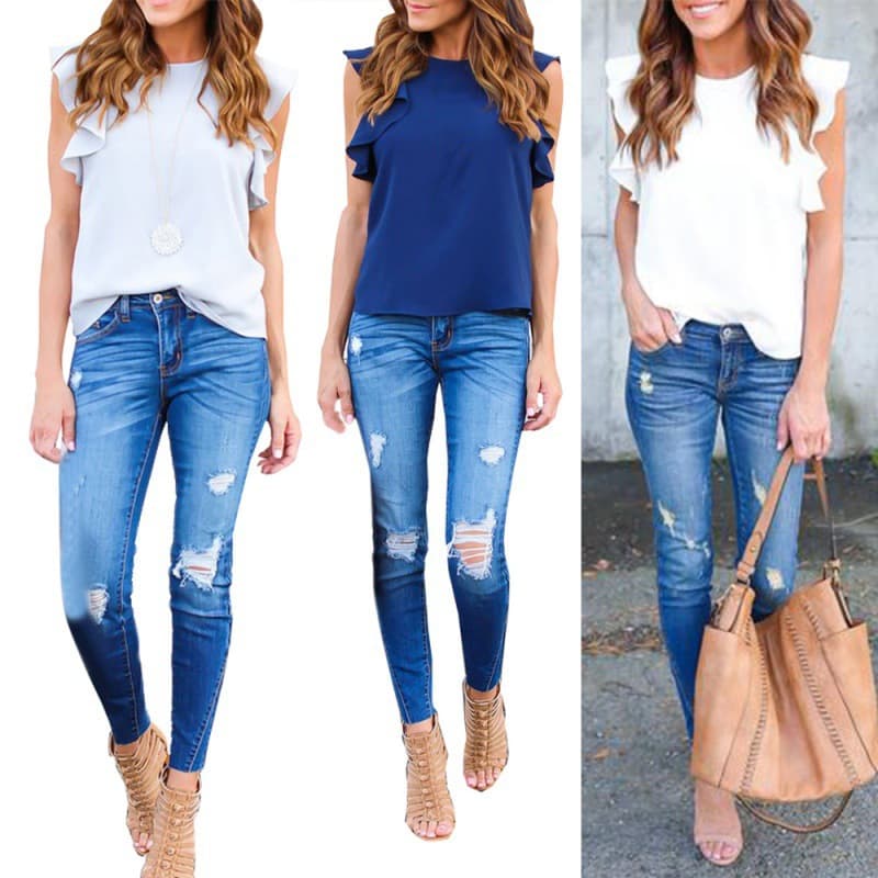 Blusa de verão casual de chiffon com mangas bufantes e gola redonda 8