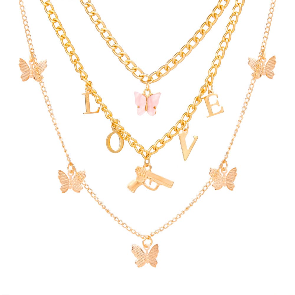 Conjunto de colar feminino com pingente de borboleta em várias camadas. 4