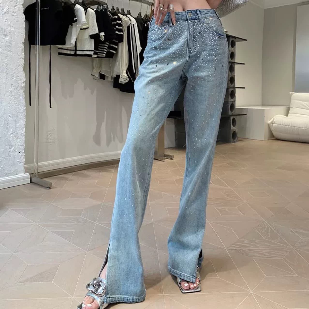 CalçA Jeans Feminina De Cintura Alta Com Strass, Fenda E Mod 4