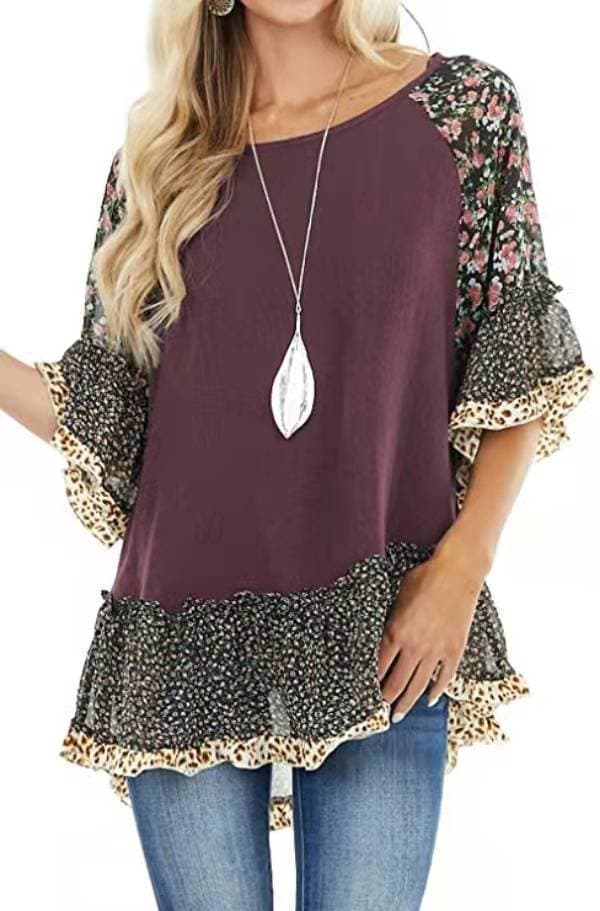 Camiseta Feminina Com Mangas Bufantes E Estampa Floral De Leopardo Em Blocos De Cores. 5