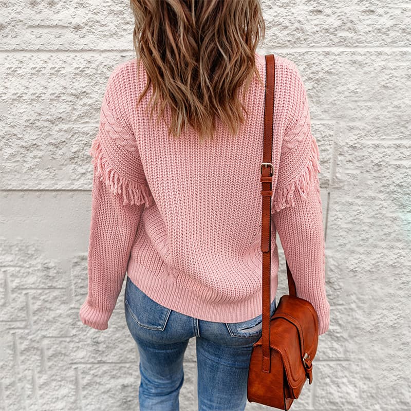Blusa feminina de pelúcia com decote em V, modelagem solta e cor sólida. 7