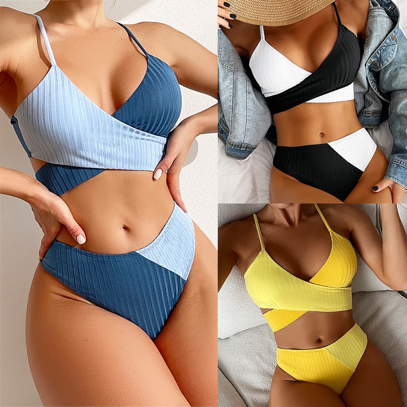 Biquíni patchwork, maiô canelado feminino com nó nas costas, biquíni franzido no bumbum. 12