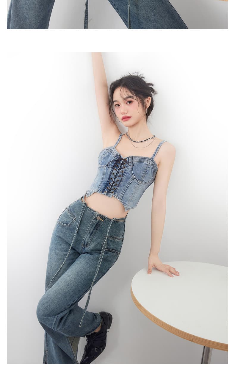 Colete jeans curto feminino com alças finas 5