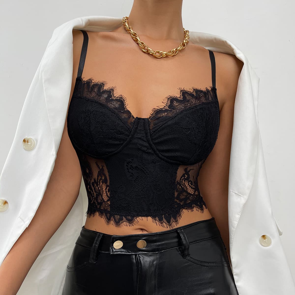 Camisa feminina de cor sólida com renda e cílios postiços, transparente. 4
