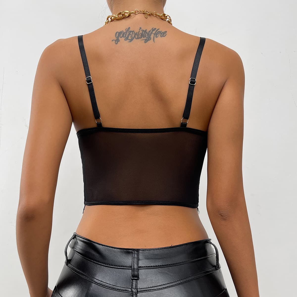 Camisa feminina de cor sólida com renda e cílios postiços, transparente. 5