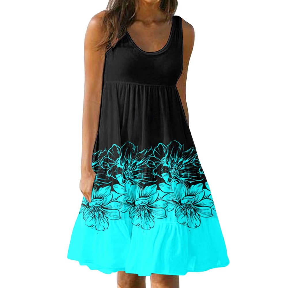 Vestido feminino com estampa floral, gola redonda, sem mangas, modelagem solta, ideal para festas e praia.
