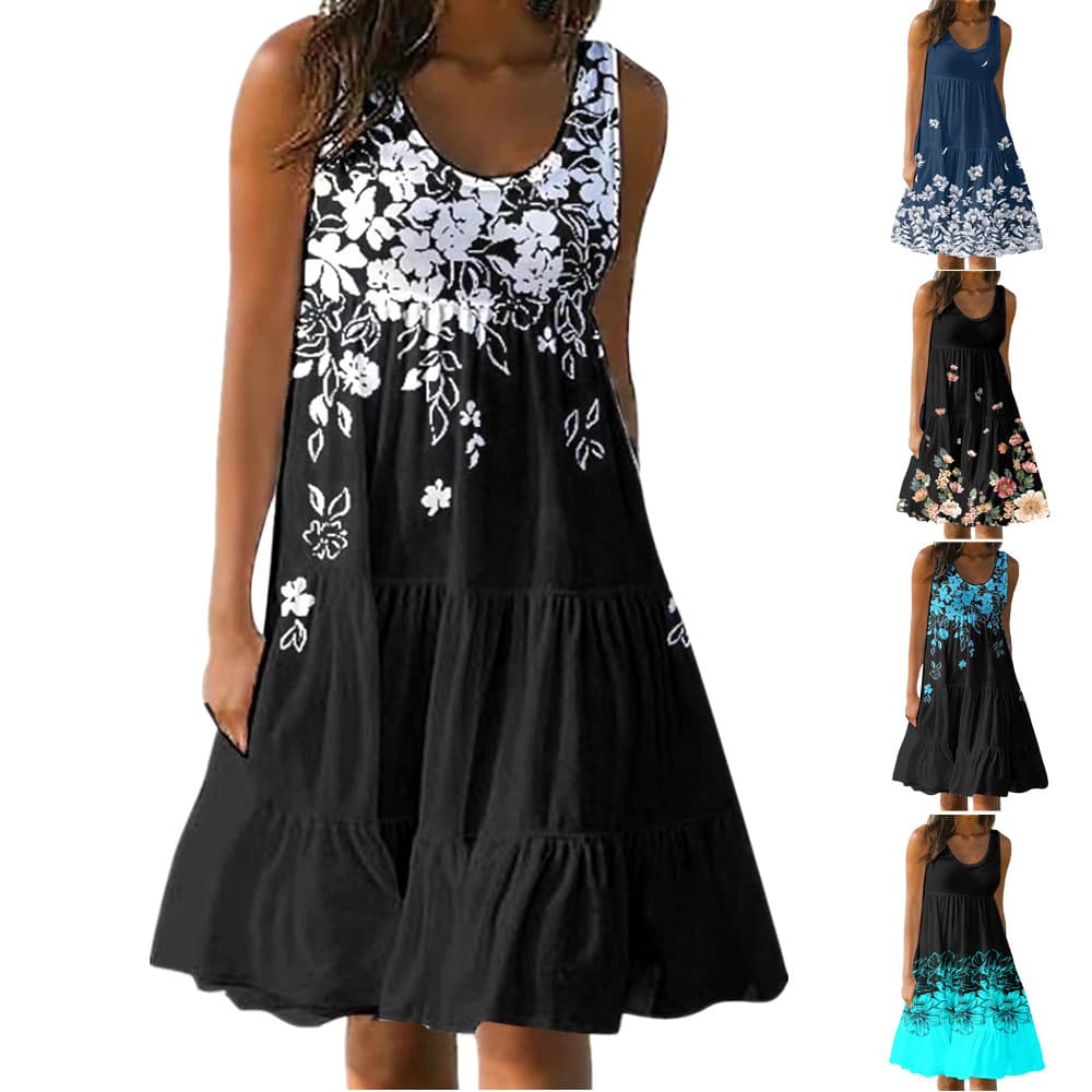 Vestido feminino com estampa floral, gola redonda, sem mangas, modelagem solta, ideal para festas e praia. 3