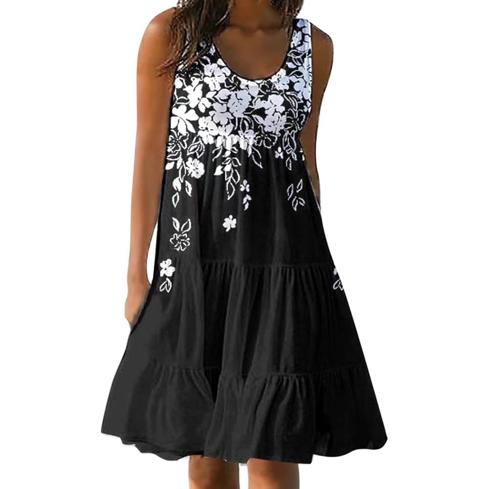 Vestido feminino com estampa floral, gola redonda, sem mangas, modelagem solta, ideal para festas e praia. 6