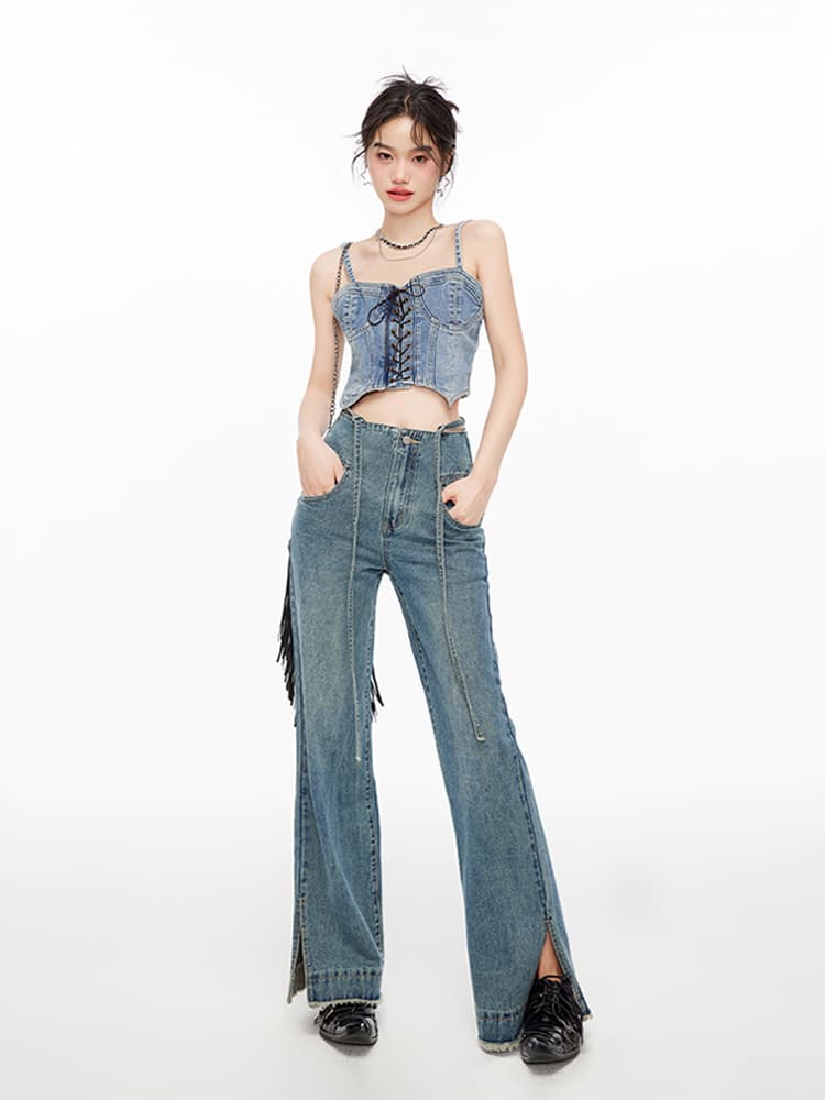 Colete jeans curto feminino com alças finas