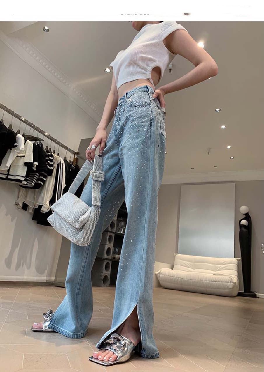 CalçA Jeans Feminina De Cintura Alta Com Strass, Fenda E Mod 3