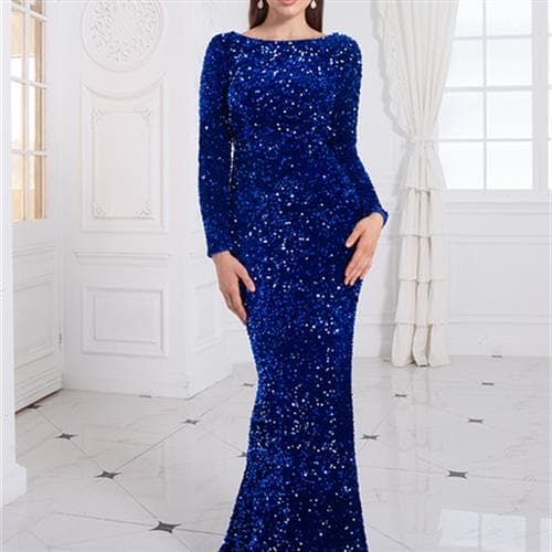 Feminino Modest Stretch Sequin Royal Blue Evening Prom Gown Festa