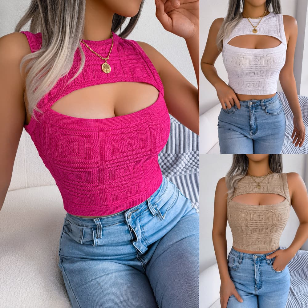 Moda Tops VerãO Hollow Out Sem Mangas Top Cropped Knitted Tank Feminino Clothes