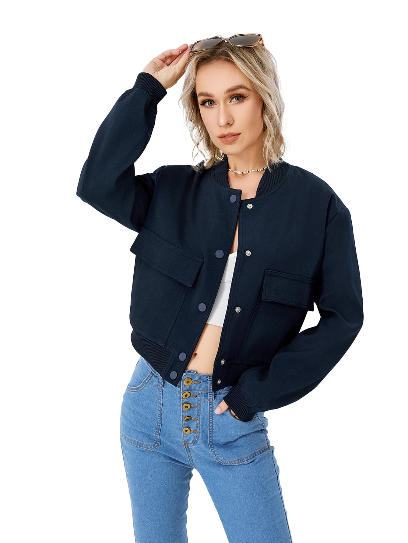 Women'S Lightweight Cropped Bomber Jaqueta Casual Longo Sleeve Varsity Jaqueta With Pocket Moda Y2k Jaqueta Streetwear