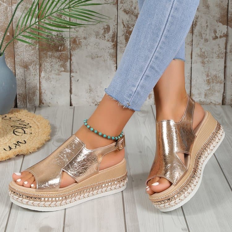 SandáLias De VerãO Brilhantes Com Design Vazado, Estilo Bico De Peixe, Para Mulheres. Sapatos De Salto Plataforma Com Fivela.