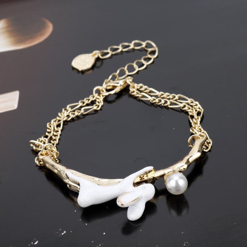 Pulseira feminina com coelho pintado a óleo com pérolas japonesas 7