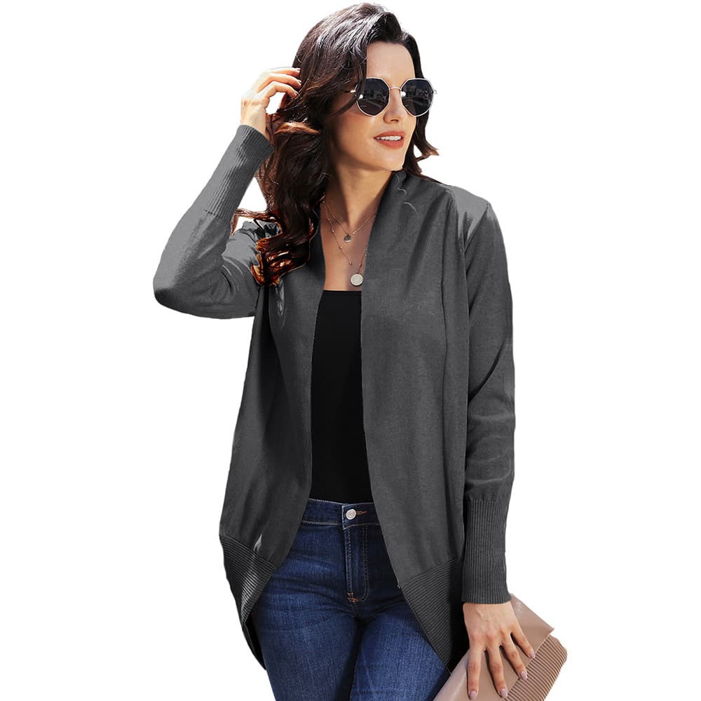 Cardigã feminino de cor sólida, em imitação de algodão, comprimento médio e mangas compridas. 7