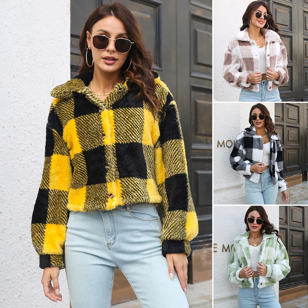 Jaqueta feminina xadrez de veludo dupla face com mangas bufantes, modelo curto e solto, ideal para outono e inverno. 9