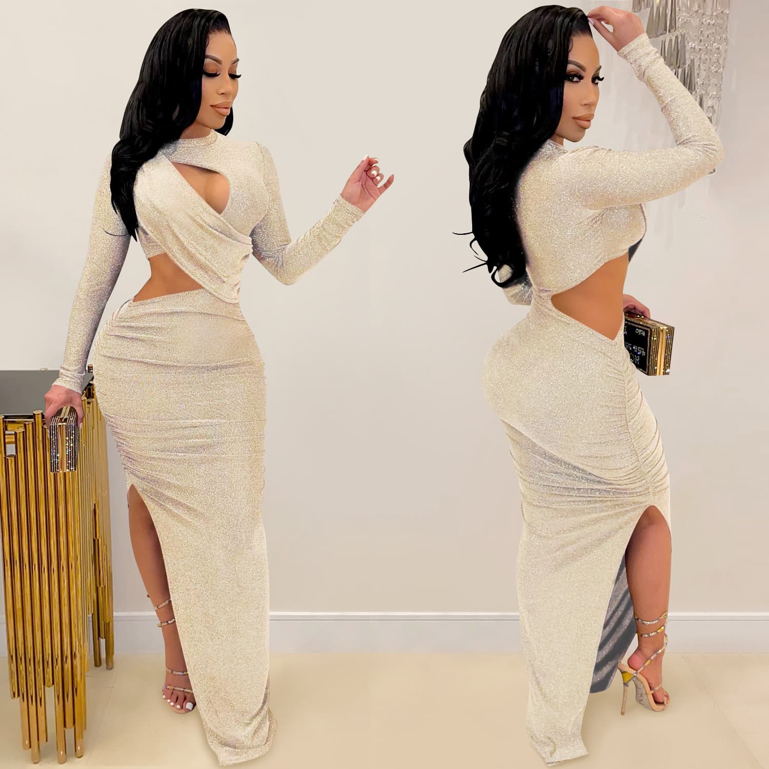 Vestido feminino de manga comprida com fenda vazada