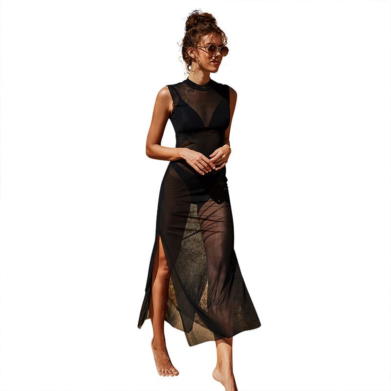 Blusa feminina de praia sem mangas, decote em V e cor sólida. 4