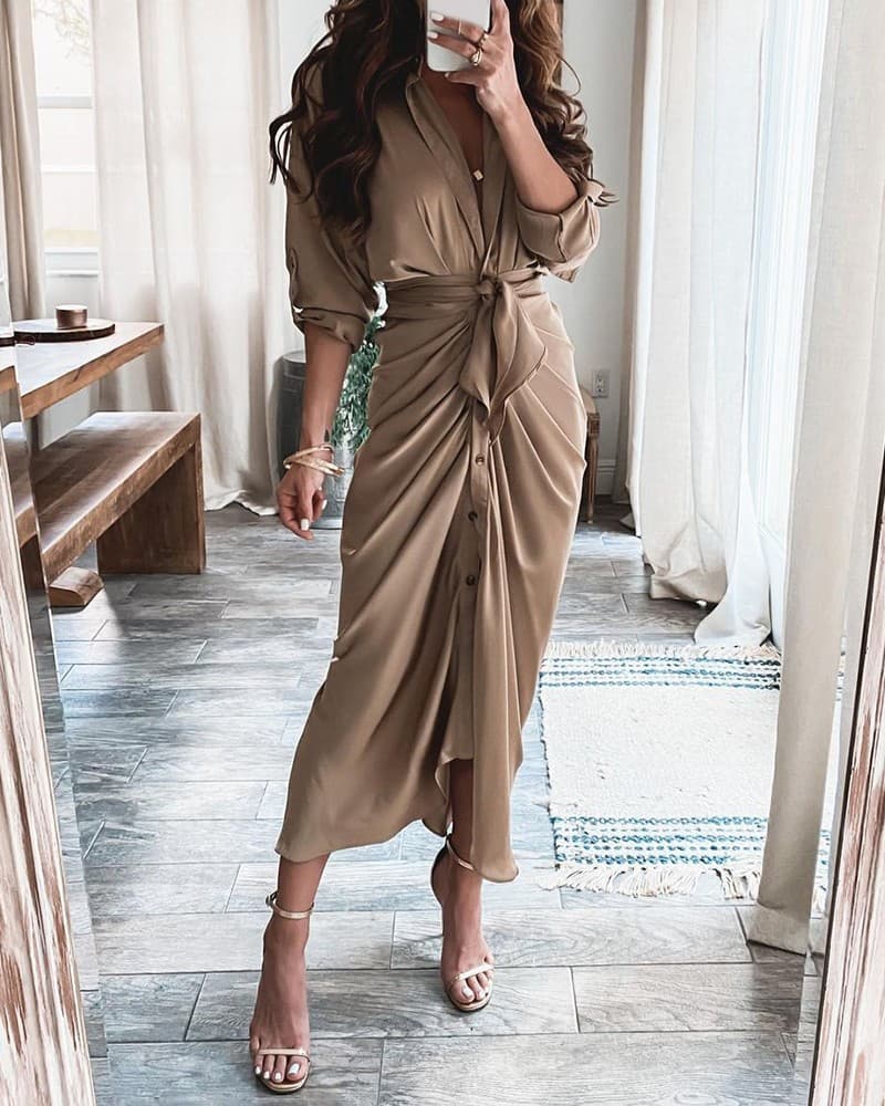 Vestido Longo Feminino De Manga Comprida Com Decote Em V