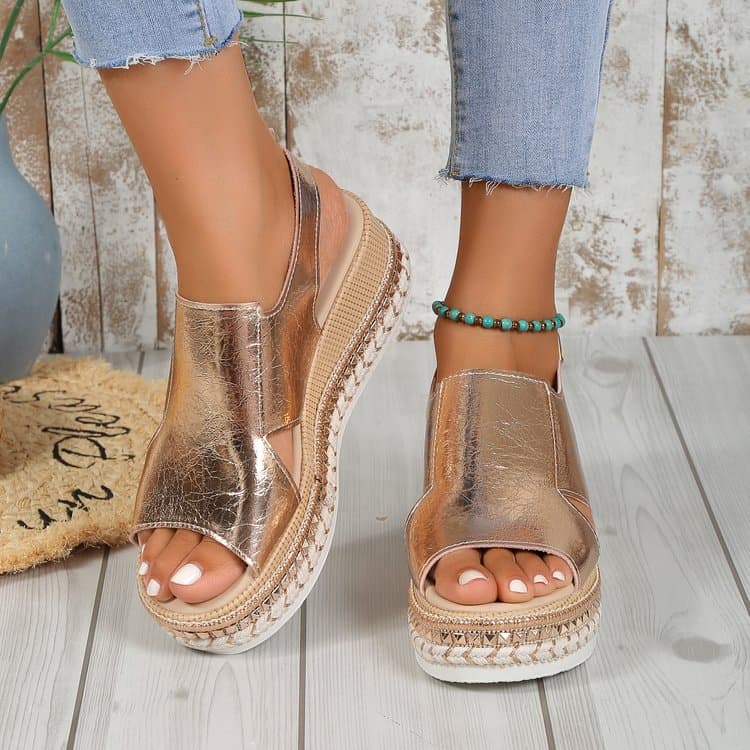 SandáLias De VerãO Brilhantes Com Design Vazado, Estilo Bico De Peixe, Para Mulheres. Sapatos De Salto Plataforma Com Fivela.