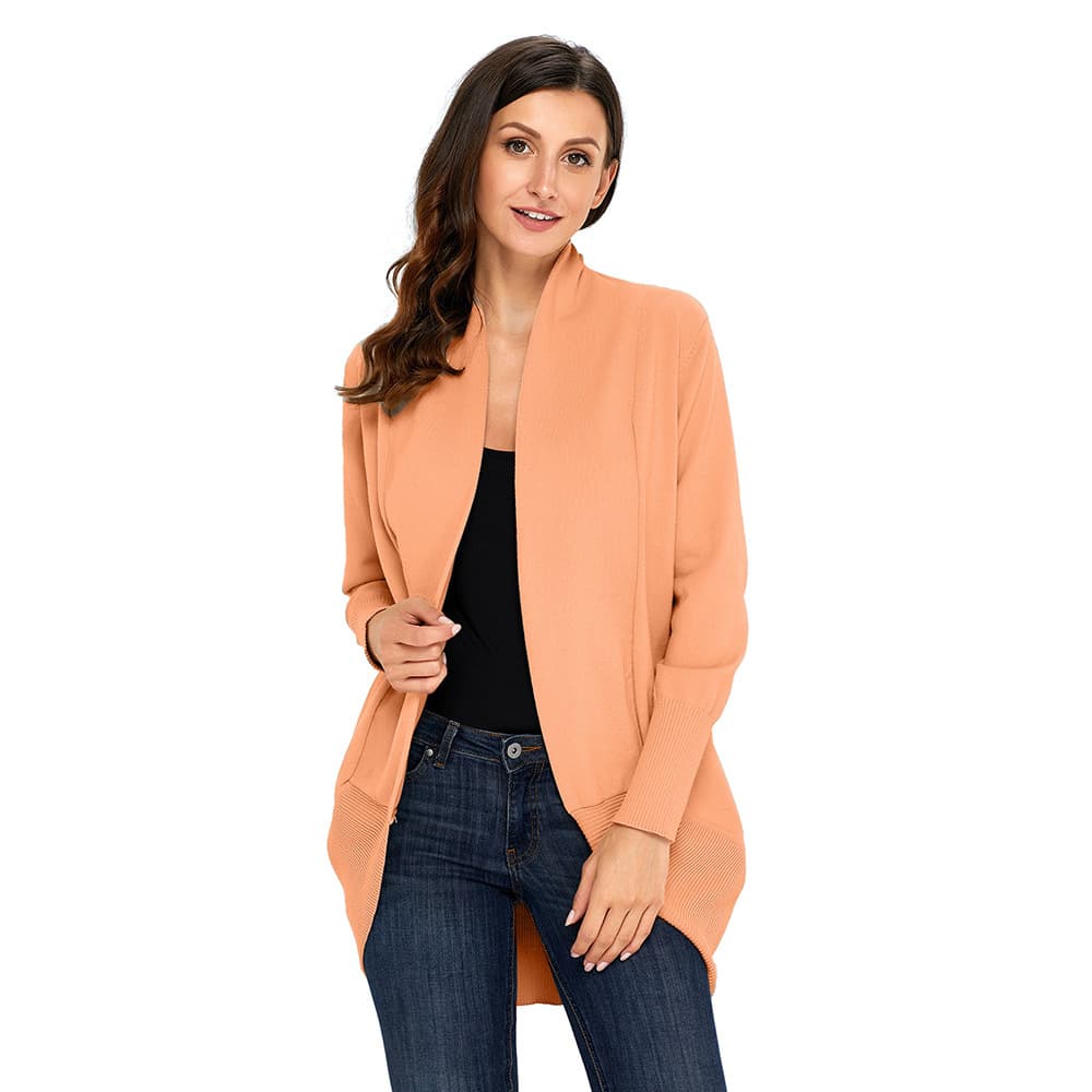 Cardigã feminino de cor sólida, em imitação de algodão, comprimento médio e mangas compridas. 10